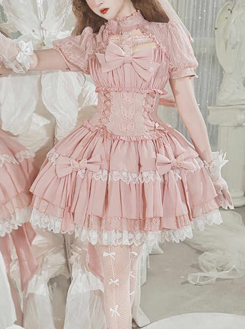 Cross Dream Series Barbie Style Ballet Pink Doll Sense Butterfly Lace Sweet Lolita Short Sleeve Dress OP