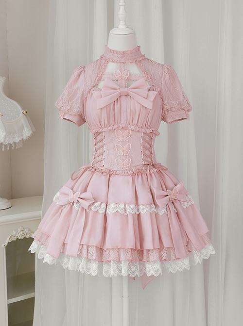 Cross Dream Series Barbie Style Ballet Pink Doll Sense Butterfly Lace Sweet Lolita Short Sleeve Dress OP