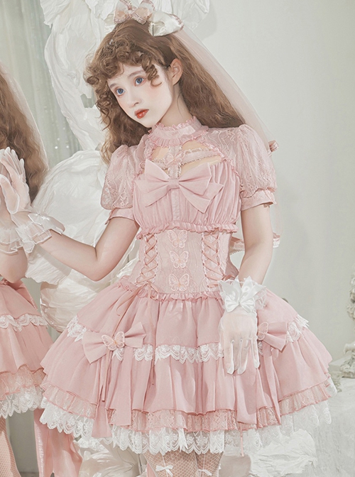 Cross Dream Series Barbie Style Ballet Pink Doll Sense Butterfly Lace Sweet Lolita Short Sleeve Dress OP