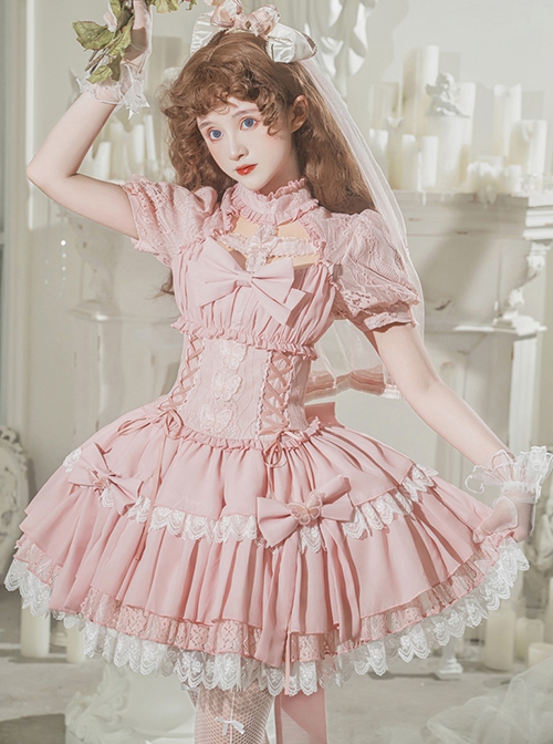 Cross Dream Series Barbie Style Ballet Pink Doll Sense Butterfly Lace Sweet Lolita Short Sleeve Dress OP