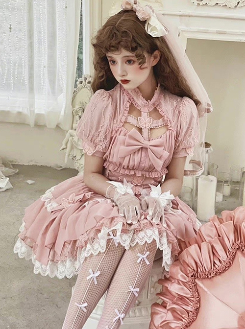 Cross Dream Series Barbie Style Ballet Pink Doll Sense Butterfly Lace Sweet Lolita Short Sleeve Dress OP