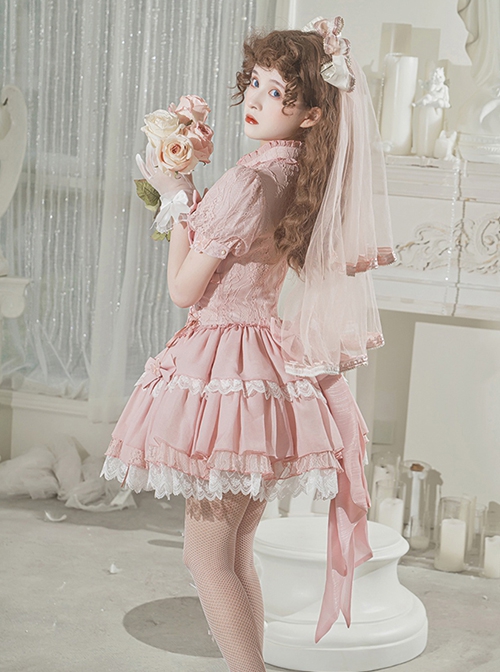 Cross Dream Series Barbie Style Ballet Pink Doll Sense Butterfly Lace Sweet Lolita Short Sleeve Dress OP