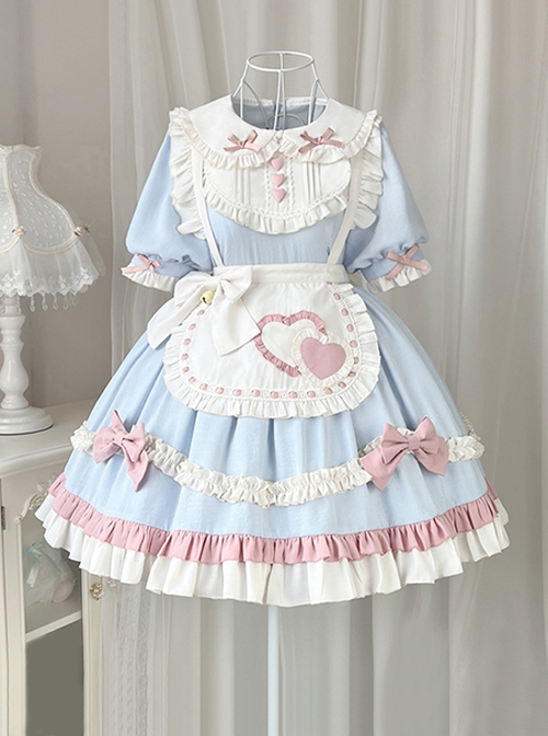 Cute Girly Loving Heart Doll Collar Maid Low Saturate Pink Blue Big Bowknot Sweet Lolita Puff Sleeves Princess Dress