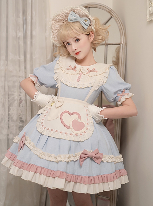 Cute Girly Loving Heart Doll Collar Maid Low Saturate Pink Blue Big Bowknot Sweet Lolita Puff Sleeves Princess Dress