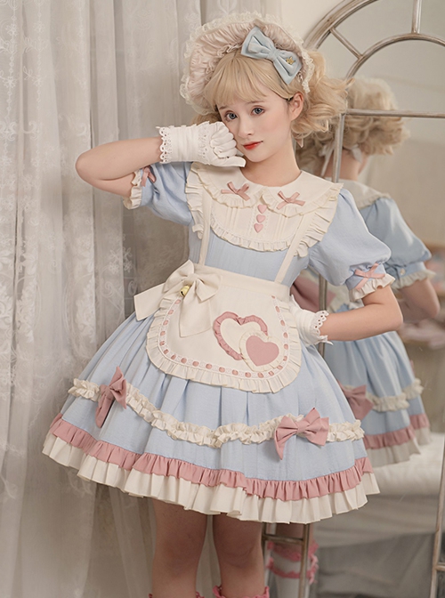 Cute Girly Loving Heart Doll Collar Maid Low Saturate Pink Blue Big Bowknot Sweet Lolita Puff Sleeves Princess Dress