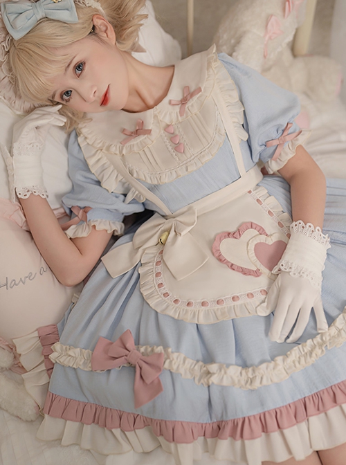 Cute Girly Loving Heart Doll Collar Maid Low Saturate Pink Blue Big Bowknot Sweet Lolita Puff Sleeves Princess Dress