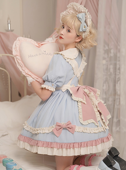 Cute Girly Loving Heart Doll Collar Maid Low Saturate Pink Blue Big Bowknot Sweet Lolita Puff Sleeves Princess Dress