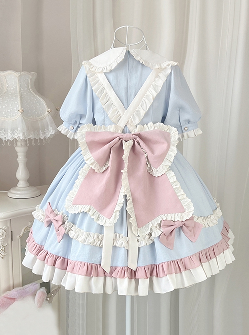 Cute Girly Loving Heart Doll Collar Maid Low Saturate Pink Blue Big Bowknot Sweet Lolita Puff Sleeves Princess Dress