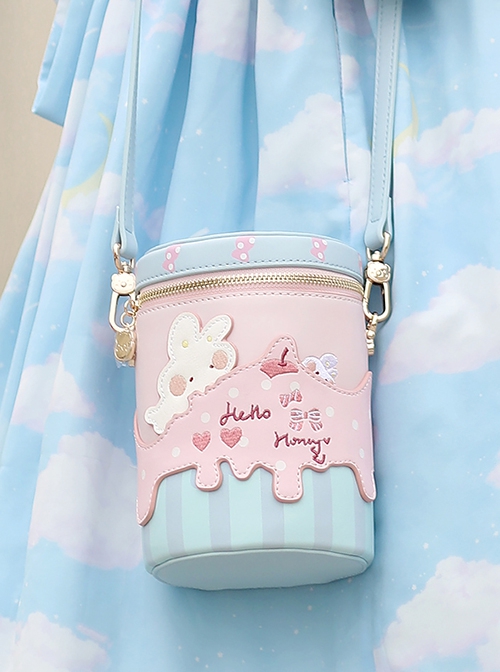 Sweetheart Bunny Cream Pink Blue Cute Cartoon Versatile PU Kawaii Fashion Crossbody One Shoulder Cylinder Bag