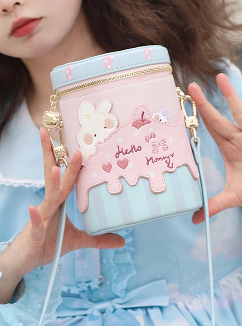 Sweetheart Bunny Cream Pink Blue Cute Cartoon Versatile PU Kawaii Fashion Crossbody One Shoulder Cylinder Bag