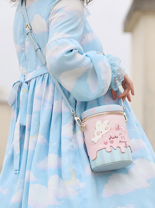 Sweetheart Bunny Cream Pink Blue Cute Cartoon Versatile PU Kawaii Fashion Crossbody One Shoulder Cylinder Bag