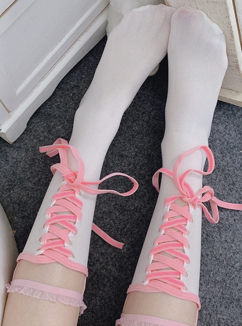 Spring Summer Slightly Transparent Contrasting Colors Lace Tie Bowknot Fashion Sweet Lolita Mid Calf Socks