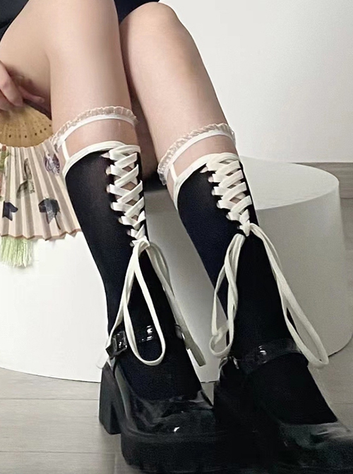 Spring Summer Slightly Transparent Contrasting Colors Lace Tie Bowknot Fashion Sweet Lolita Mid Calf Socks