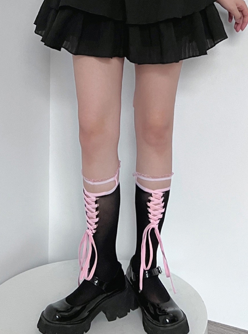 Spring Summer Slightly Transparent Contrasting Colors Lace Tie Bowknot Fashion Sweet Lolita Mid Calf Socks