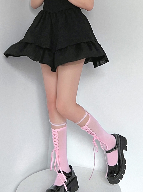 Spring Summer Slightly Transparent Contrasting Colors Lace Tie Bowknot Fashion Sweet Lolita Mid Calf Socks