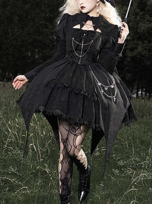 Dark Night Law Girl High Waist Silver Chain Sharp Corners Lapel Gothic Lolita Puff Long Sleeve Dress OP