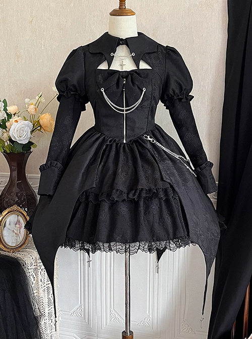 Dark Night Law Girl High Waist Silver Chain Sharp Corners Lapel Gothic Lolita Puff Long Sleeve Dress OP