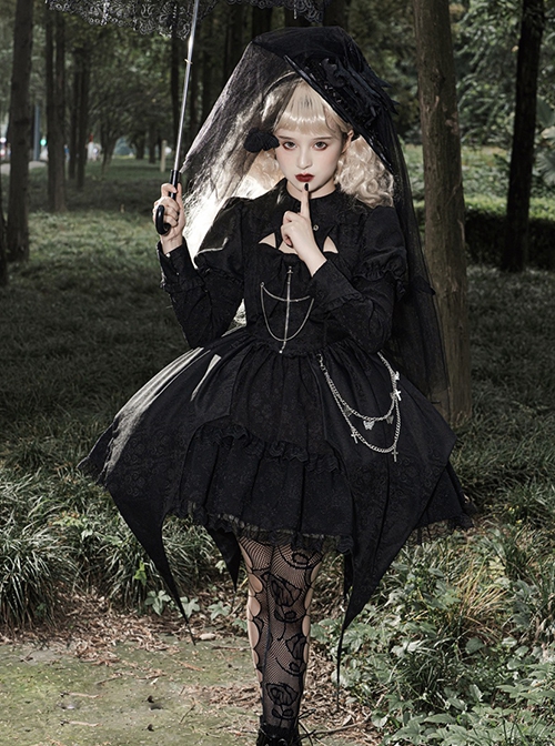 Dark Night Law Girl High Waist Silver Chain Sharp Corners Lapel Gothic Lolita Puff Long Sleeve Dress OP