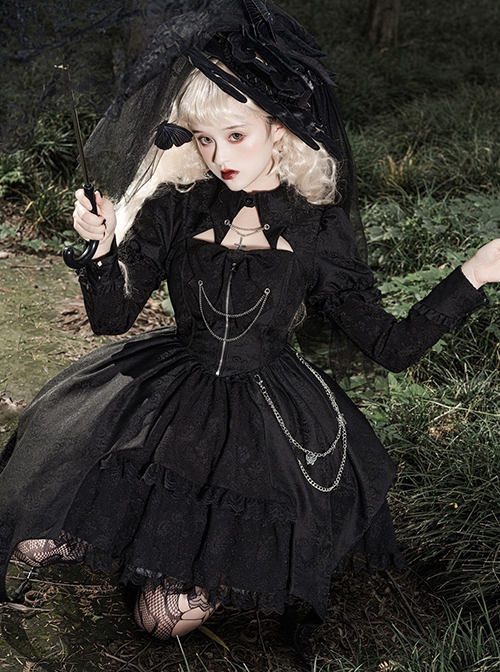 Dark Night Law Girl High Waist Silver Chain Sharp Corners Lapel Gothic Lolita Puff Long Sleeve Dress OP