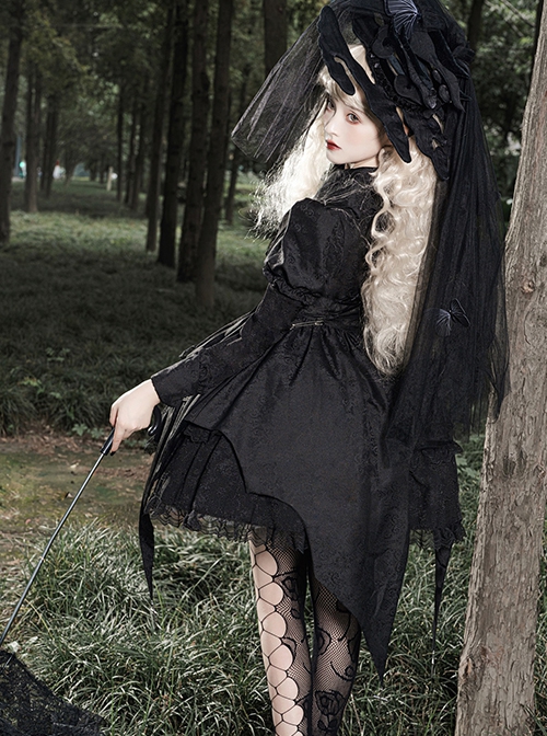 Dark Night Law Girl High Waist Silver Chain Sharp Corners Lapel Gothic Lolita Puff Long Sleeve Dress OP
