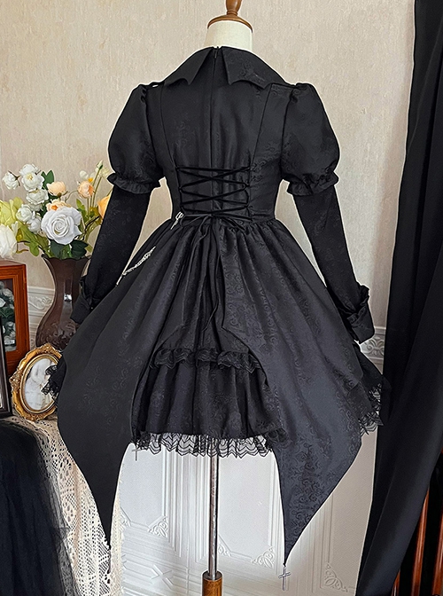 Dark Night Law Girl High Waist Silver Chain Sharp Corners Lapel Gothic Lolita Puff Long Sleeve Dress OP