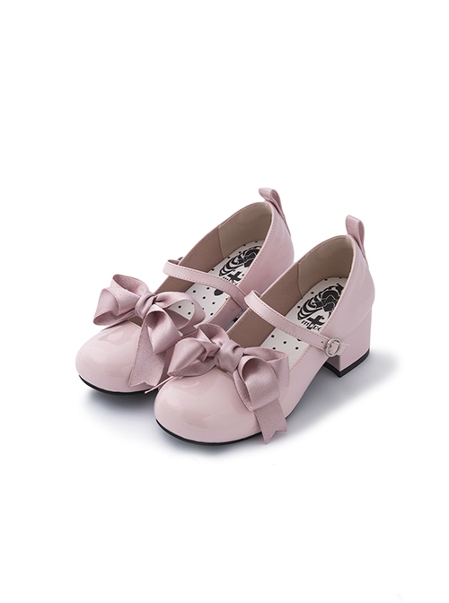 Cute Patent Leather Round Toe French Style Lace Up Bowknot Graceful Lolita Mary Jane Medium Heel Shoes