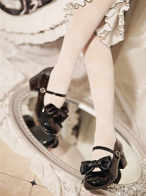 Cute Patent Leather Round Toe French Style Lace Up Bowknot Graceful Lolita Mary Jane Medium Heel Shoes