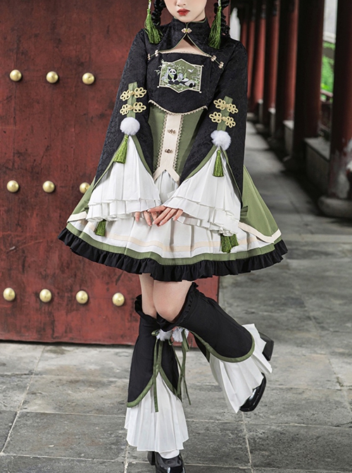 Chinese Style Bamboo Leaf Green Black Cute Panda Ancient Chinese Elements Sweet Lolita Improved Hanfu Dress Coat Leg Sleeves Set