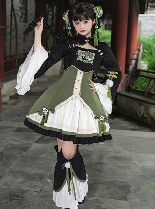 Chinese Style Bamboo Leaf Green Black Cute Panda Ancient Chinese Elements Sweet Lolita Improved Hanfu Dress Coat Leg Sleeves Set