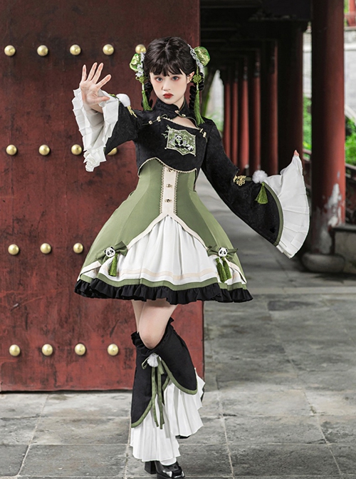 Chinese Style Bamboo Leaf Green Black Cute Panda Ancient Chinese Elements Sweet Lolita Improved Hanfu Dress Coat Leg Sleeves Set