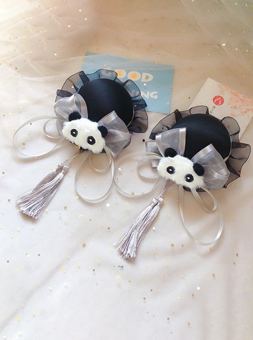 Chinese Style Lolita Chunli Cute Panda Bowknot Meatball Head Cheongsam Fringe Hairpin