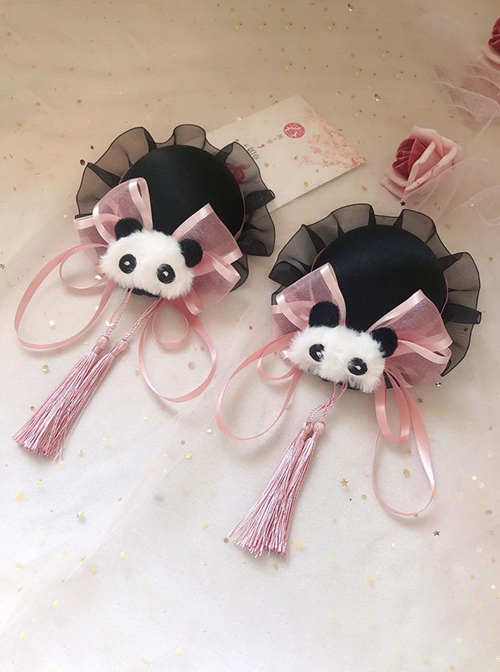 Chinese Style Lolita Chunli Cute Panda Bowknot Meatball Head Cheongsam Fringe Hairpin
