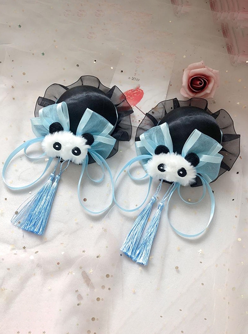 Chinese Style Lolita Chunli Cute Panda Bowknot Meatball Head Cheongsam Fringe Hairpin