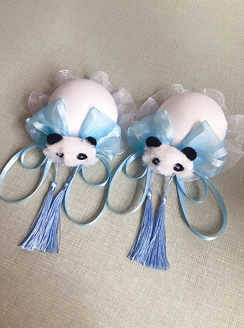 Chinese Style Lolita Chunli Cute Panda Bowknot Meatball Head Cheongsam Fringe Hairpin