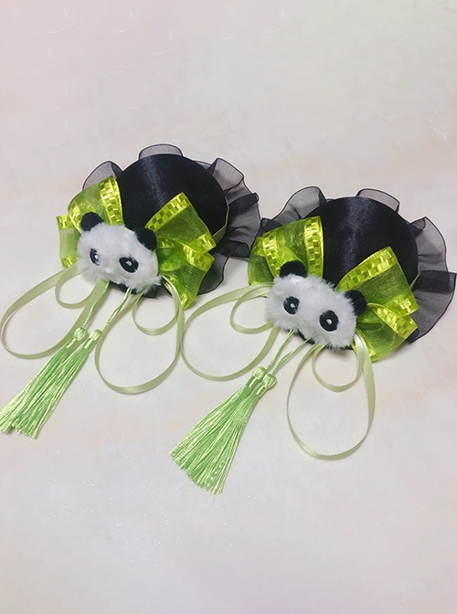 Chinese Style Lolita Chunli Cute Panda Bowknot Meatball Head Cheongsam Fringe Hairpin