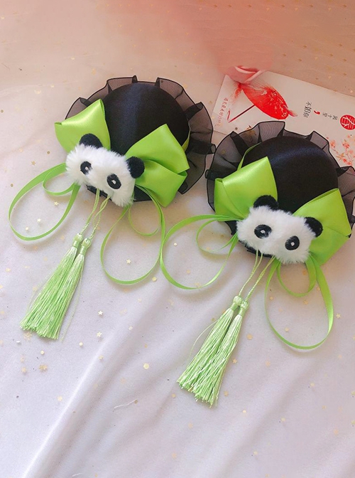 Chinese Style Lolita Chunli Cute Panda Bowknot Meatball Head Cheongsam Fringe Hairpin