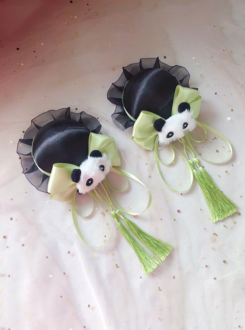 Chinese Style Lolita Chunli Cute Panda Bowknot Meatball Head Cheongsam Fringe Hairpin