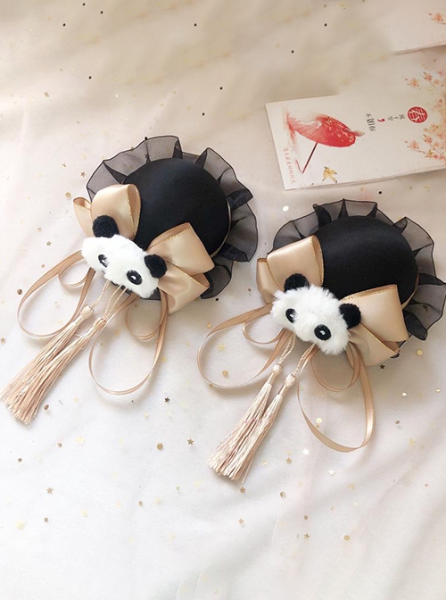 Chinese Style Lolita Chunli Cute Panda Bowknot Meatball Head Cheongsam Fringe Hairpin