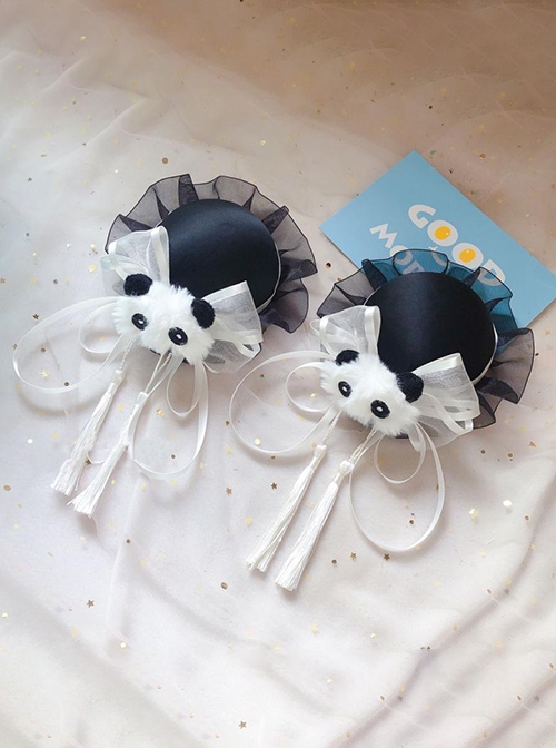 Chinese Style Lolita Chunli Cute Panda Bowknot Meatball Head Cheongsam Fringe Hairpin