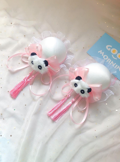 Chinese Style Lolita Chunli Cute Panda Bowknot Meatball Head Cheongsam Fringe Hairpin