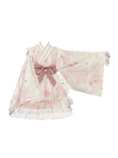 Japanese Style Bean Paste Pink Cute Loose Long Sleeves Bathrobe Sakura Print Ruffles Sweet Lolita Kimono Dress