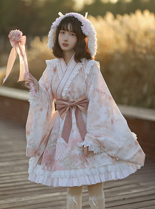 Japanese Style Bean Paste Pink Cute Loose Long Sleeves Bathrobe Sakura Print Ruffles Sweet Lolita Kimono Dress