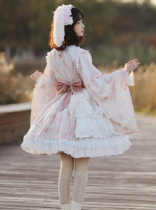 Japanese Style Bean Paste Pink Cute Loose Long Sleeves Bathrobe Sakura Print Ruffles Sweet Lolita Kimono Dress