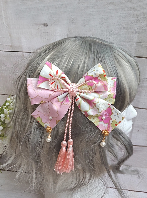 Japanese Style Big Bowknot Sakura Hot Stamping Process Lace Up Pearl Tassel Bowknot Headdress Hairpin