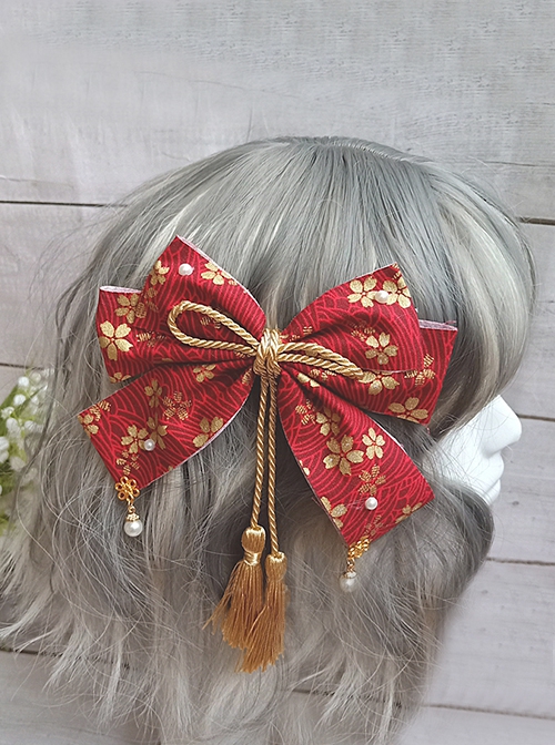 Japanese Style Big Bowknot Sakura Hot Stamping Process Lace Up Pearl Tassel Bowknot Headdress Hairpin