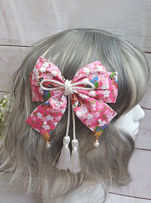 Japanese Style Big Bowknot Sakura Hot Stamping Process Lace Up Pearl Tassel Bowknot Headdress Hairpin