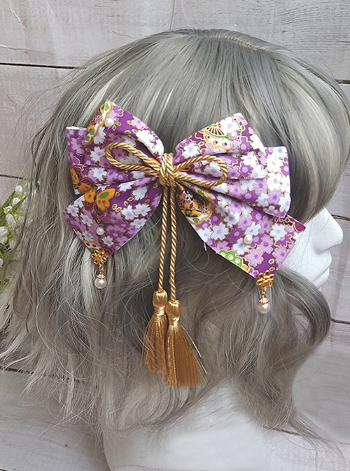 Japanese Style Big Bowknot Sakura Hot Stamping Process Lace Up Pearl Tassel Bowknot Headdress Hairpin