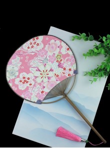 Japanese Style Cotton Handmade Cosplay Pink Sakura Print Kawaii Fashion Bamboo Handle Tassel Double Sides Fan