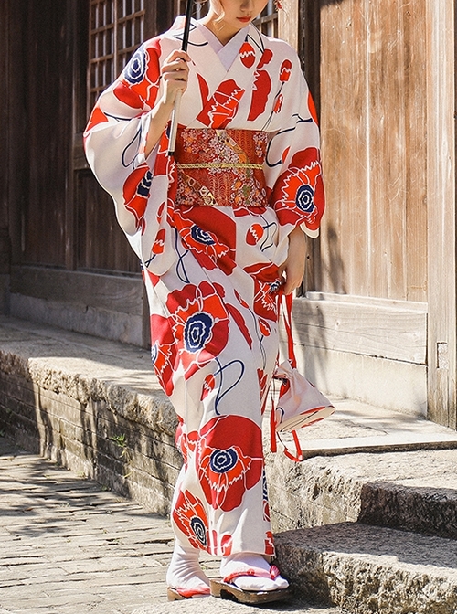 Japanese Style Literary Retro Red Big Flowers Bright Elegant Bathrobe Kawaii Fashion Improved Kimono