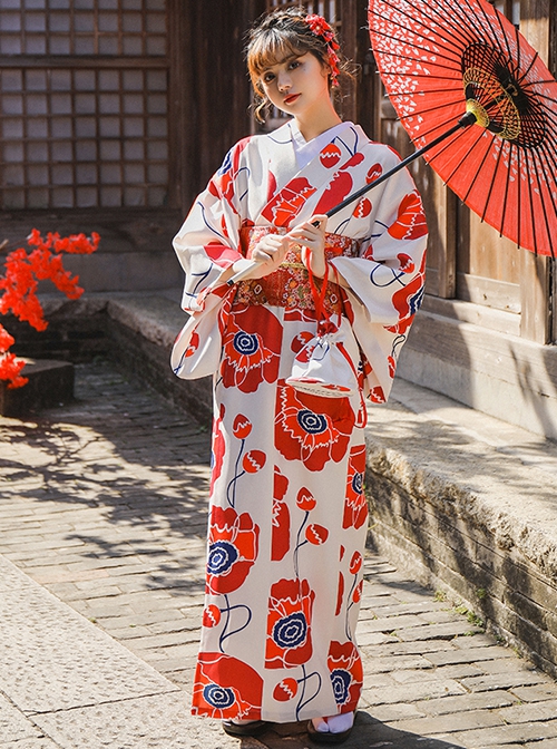 Japanese Style Literary Retro Red Big Flowers Bright Elegant Bathrobe Kawaii Fashion Improved Kimono